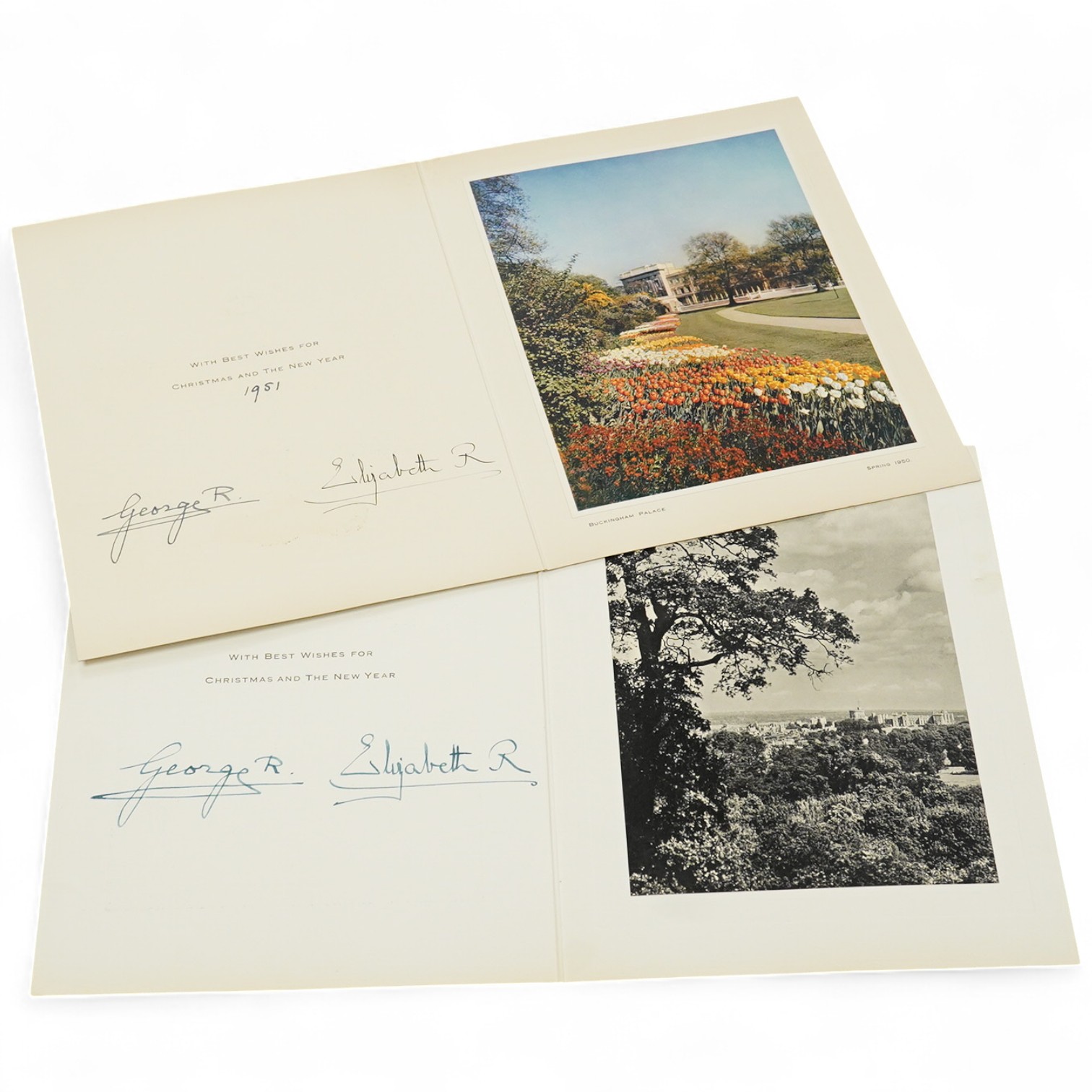 Two Royal Christmas cards from HM King George VI and Queen Elizabeth for 1951 and another undated, with gilt embossed crowns on the front, inside; ‘with best wishes for Christmas and the New Year, signed; ‘George R and E